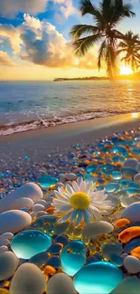 Tropical sunset beach with colorful pebbles and a daisy in the foreground.