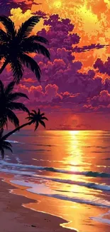 Vibrant tropical sunset with palm trees and ocean waves in the background.