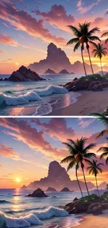 Tropical beach at sunset with palm trees and ocean waves.