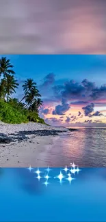 Tropical beach with palm trees and a colorful sunset sky over the ocean.