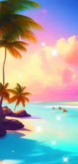 Tropical sunset beach wallpaper with palm trees and vibrant sky.