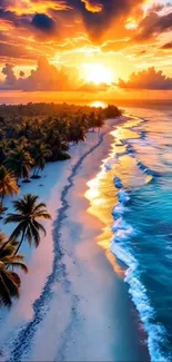 Vibrant tropical sunset over a serene beach with palm trees and waves.