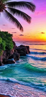 Tropical sunset with palm trees over ocean waves and a vibrant sky.