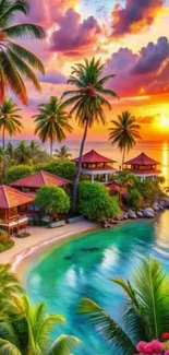 Tropical beach at sunset with palm trees and colorful sky.