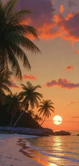 Tropical beach sunset with palm trees and ocean waves.
