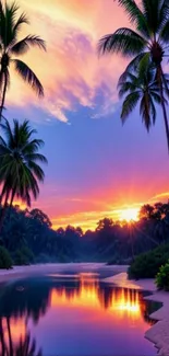 Tropical beach sunset with palm trees and vibrant reflections.