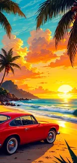 Red car on tropical beach at sunset with palm trees and ocean.