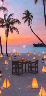 Tropical beach with sunset, palm trees, and glowing lanterns.