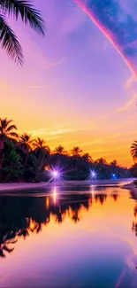 Tropical beach sunset with palm trees reflecting in calm water.