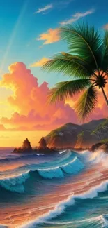 Tropical beach with palm trees and vibrant sunset colors.