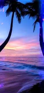 Silhouetted palm trees at sunset on a tropical beach with vibrant purple sky.