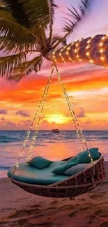 Tropical sunset with hammock and palm trees by the ocean.