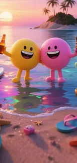 Cartoon characters enjoying tropical beach at sunset.