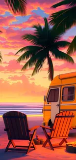 Tropical sunset with palm trees and camper on a beach.