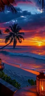 Beautiful tropical sunset with palm trees on a serene beach.