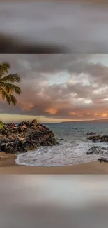 Stunning tropical beach at sunset with palm trees and ocean waves.