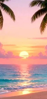 Tropical sunset beach with palm trees and vibrant ocean view.
