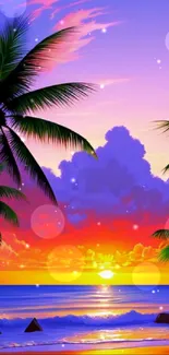 Tropical sunset beach with palm trees and colorful sky.