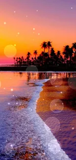 Mobile wallpaper with tropical sunset over beach, featuring silhouetted palm trees.