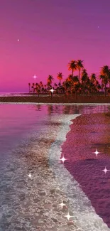 Tropical sunset with purple sky and palm trees on a tranquil beach.