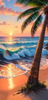 A tropical beach at sunset with palm trees and ocean waves.