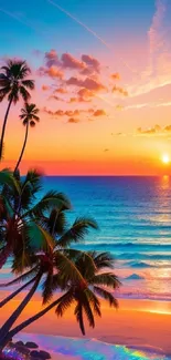 Vibrant tropical beach sunset with palm trees and ocean waves.