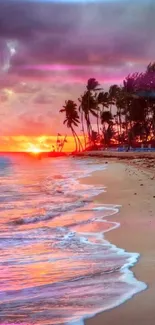 Tropical beach with a vibrant orange sunset and palm trees.