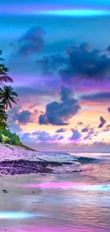 Tropical beach at sunset with palm trees and colorful sky.