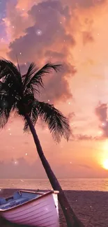 Tropical beach at sunset with palm tree and boat.