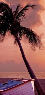 Palm tree and boat at sunset on a tropical beach, with vibrant pink sky.