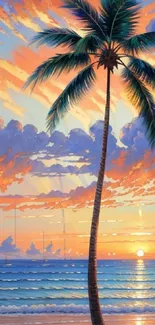 Tropical sunset with palm tree and vibrant sky on a serene beach.