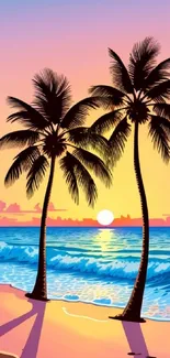 Tropical beach sunset with palm trees and vibrant ocean.