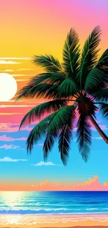 Tropical sunset beach with palm and vibrant sky.