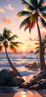 Tropical beach at sunset with palm trees and ocean waves.