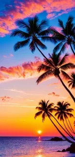 Tropical sunset with palm trees on a beach, showcasing vibrant colors.