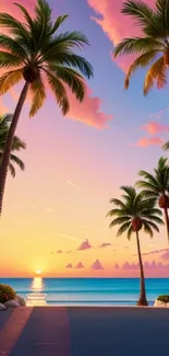 Tropical sunset beach with palm trees and vibrant sky.