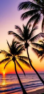 Tropical sunset with palm trees and ocean waves.