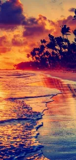 Vibrant tropical sunset wallpaper with beach and palms.