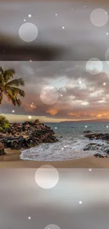 Tropical Beach Sunset with Palm Trees and Ocean Waves