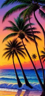 Tropical beach sunset with palm trees and vibrant ocean waves.