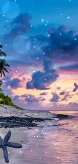 Tropical beach at sunset with palm trees and colorful sky.