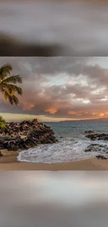 A serene tropical beach with a sunset view.