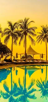 Tropical beach with palm trees and sunset reflection in a pool.