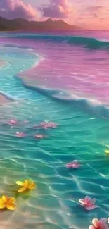 Vibrant tropical sunset beach with flowers and waves.