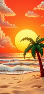 Tropical sunset beach with palm tree and vibrant colors.