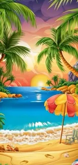 Vibrant tropical beach with sunset, palm trees, and ocean.