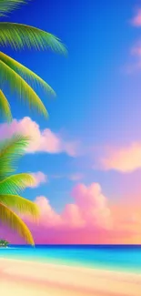 Vivid tropical beach with sunset and palm trees.