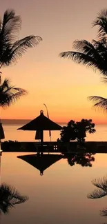 Tropical sunset with palm trees reflecting on water.