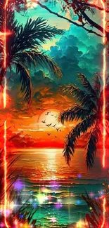 Tropical sunset wallpaper with palm trees, ocean, and vivid colors.