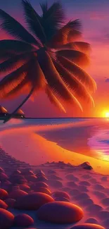 Stunning tropical sunset with palm trees on a beach, vibrant orange hues.